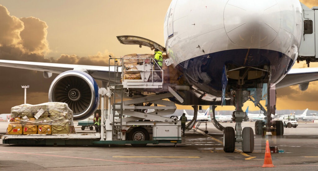 Loading cargo on the plane in airport, view through window